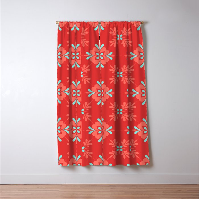 Red Background With Coral And Aqua Flower Pattern Blackout Curtain