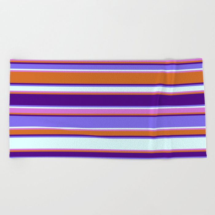 Colorful Chocolate, Indigo, Medium Slate Blue, Light Cyan, and Orchid Colored Stripes Pattern Beach Towel