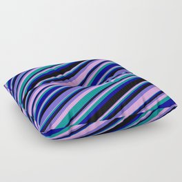 [ Thumbnail: Vibrant Slate Blue, Plum, Dark Cyan, Dark Blue & Black Colored Lines/Stripes Pattern Floor Pillow ]