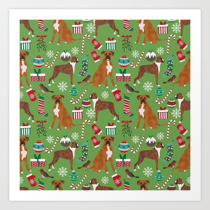 Boxer dog christmas pattern must have holiday themed dog breed pet friendly accessories for home Art Print
