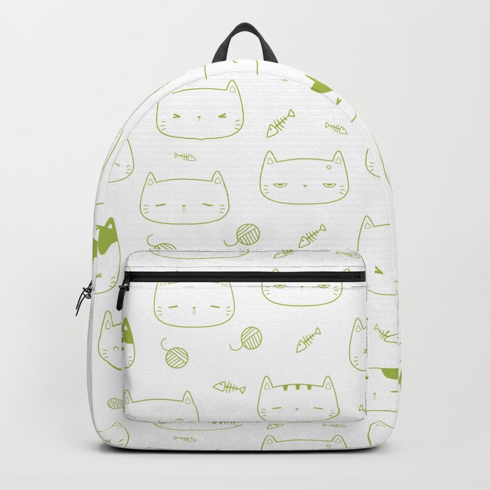 Light Green Doodle Kitten Faces Pattern Backpack