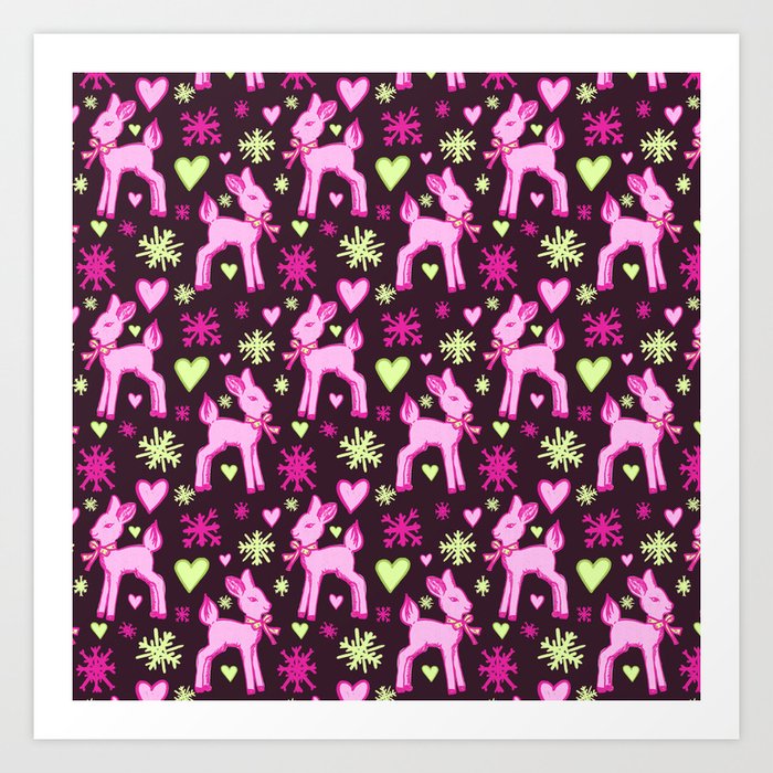 Fawn Pattern with Hearts and Snowflakes, Pink Green over Black Art Print