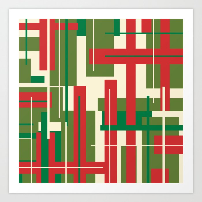 Mid Century Modern Deconstructed Christmas Plaid Pattern in Retro Red, Olive Green, and Xmas Cream Art Print