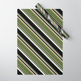 [ Thumbnail: Tan, Dark Olive Green, Mint Cream & Black Colored Stripes Pattern Wrapping Paper ]
