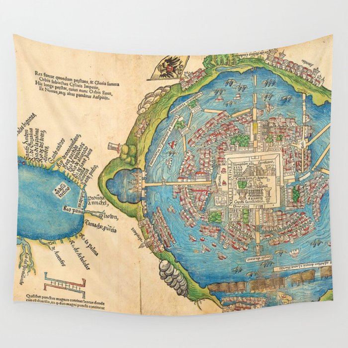 1524 Ancient Aztec City of Tenochtitlan Aerial Mexico Map Wall Tapestry
