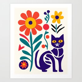 Cat And Flowers Art Print