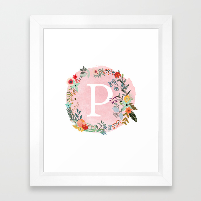 Flower Wreath With Personalized Monogram Initial Letter P On Pink Watercolor Paper Texture Artwork Framed Art Print By Aba2life Society6
