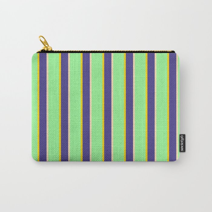 Green, Yellow, Dark Slate Blue & Beige Colored Stripes/Lines Pattern Carry-All Pouch