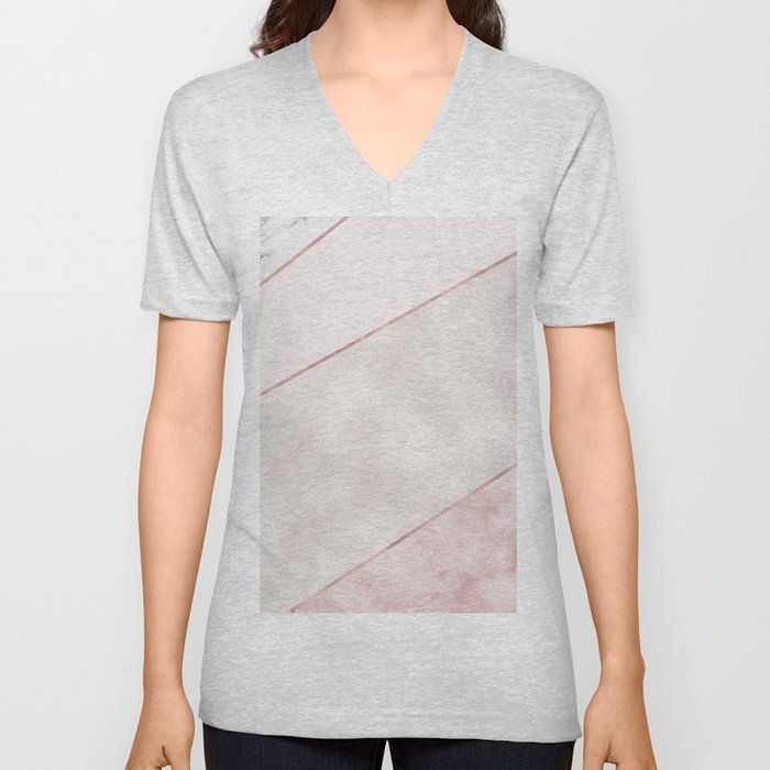 Spliced mixed pink marble and rose gold V Neck T Shirt