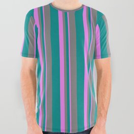 [ Thumbnail: Dark Cyan, Grey, and Violet Colored Stripes/Lines Pattern All Over Graphic Tee ]