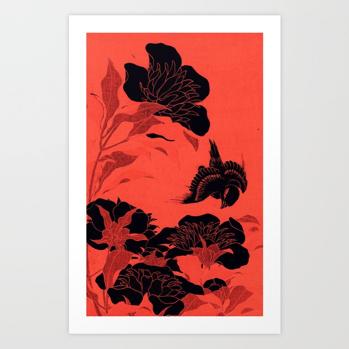 Japanese Flowers Coral Red & Black Art Print