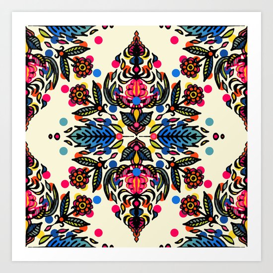 Bright Folk Art Pattern - hot pink, orange, blue & green Art Print