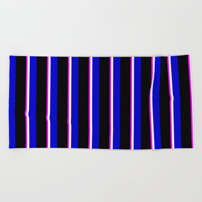 Fuchsia, White, Blue, and Black Colored Lines Pattern Beach Towel