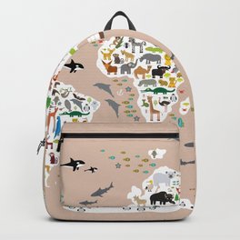 Cartoon world map for children, kids, Animals from all over the world, back to school, rosybrown Backpack