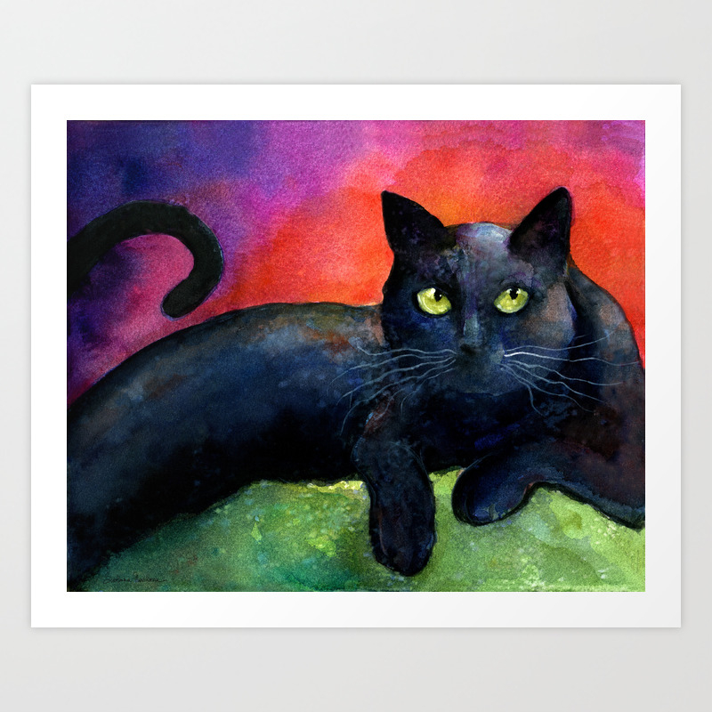 Mysterious Black Cat Watercolor Painting Print Svetlana Novikova