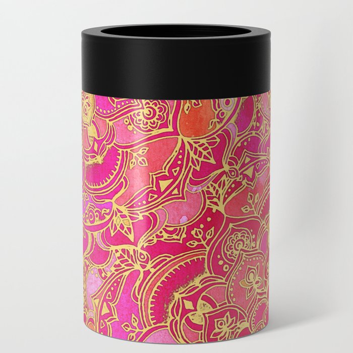 Hot Pink and Gold Baroque Floral Pattern Can Cooler