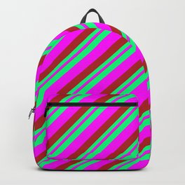 [ Thumbnail: Green, Fuchsia & Red Colored Striped Pattern Backpack ]