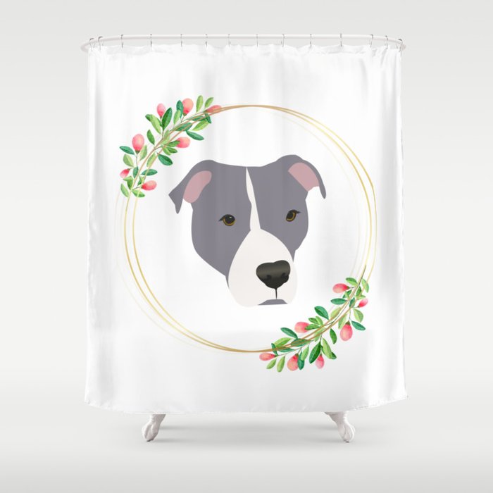 Grey and White Pit Bull Flower Frame Shower Curtain