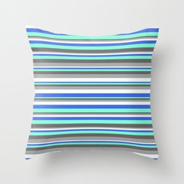 [ Thumbnail: Colorful Royal Blue, Aquamarine, Dim Grey, Dark Grey & Mint Cream Colored Lined/Striped Pattern Throw Pillow ]