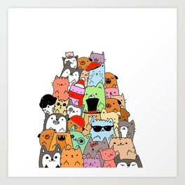 Cute Cats and Dogs Doodle Art Print