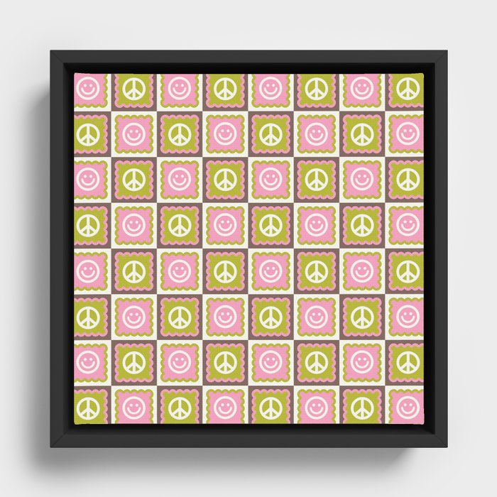 Funky Checkered Smileys and Peace Symbol Pattern  Framed Canvas