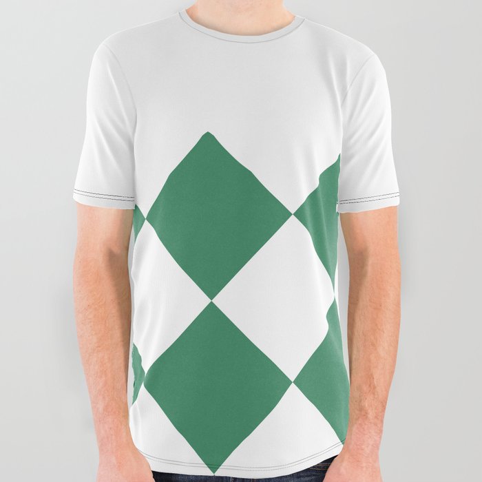 Christmas Green Diamond Checkered and Solid White Horizontal Split   All Over Graphic Tee