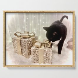 Gold Christmas Present + Tuxedo (black and white) Cat 2 Serving Tray