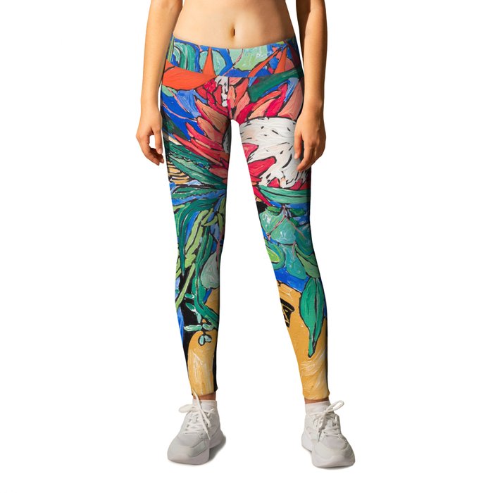 Tropical Protea Bouquet with Toucans in Greek Horse Urn on Ultramarine Blue Leggings
