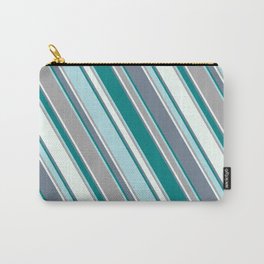 [ Thumbnail: Slate Gray, Teal, Powder Blue, Dark Grey, and Mint Cream Colored Lines/Stripes Pattern Carry-All Pouch ]