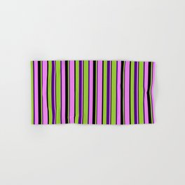 [ Thumbnail: Green, Indigo, Violet, and Black Colored Lines/Stripes Pattern Hand & Bath Towel ]