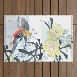 Couple Of Golden Pheasants And Yellow Flowers - Antique Japanese Woodblock Print Art By Kono Bairei Outdoor Rug