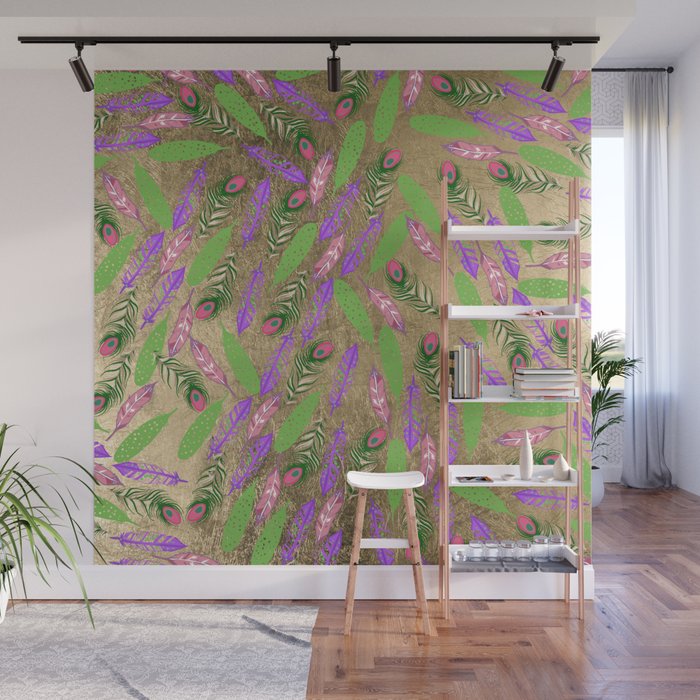 Modern chic faux gold pink purple green watercolor feathers Wall Mural