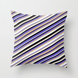 [ Thumbnail: Black, Slate Blue, Tan, and Mint Cream Colored Stripes Pattern Throw Pillow ]