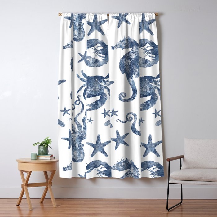 Delft Blue Nautical Marine Life Pattern Coastal Beach Blackout