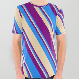 [ Thumbnail: Blue, Tan, and Purple Colored Striped Pattern All Over Graphic Tee ]