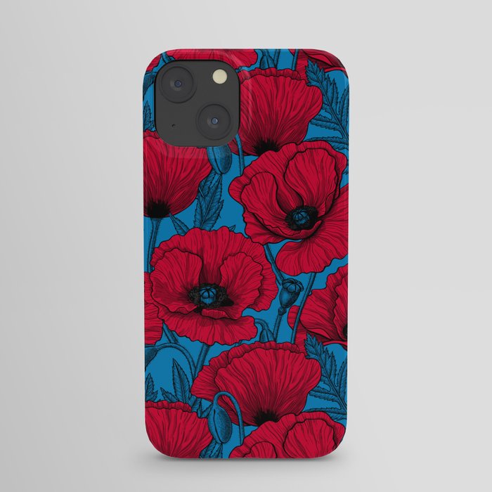 Red poppy garden on blue iPhone Case