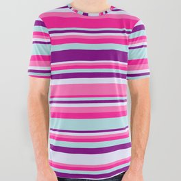[ Thumbnail: Colorful Hot Pink, Deep Pink, Powder Blue, Purple, and Lavender Colored Lined Pattern All Over Graphic Tee ]