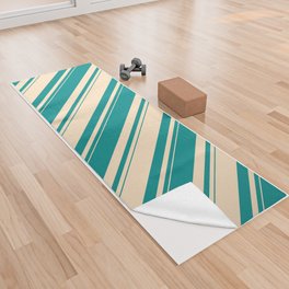 [ Thumbnail: Dark Cyan & Bisque Colored Stripes/Lines Pattern Yoga Towel ]