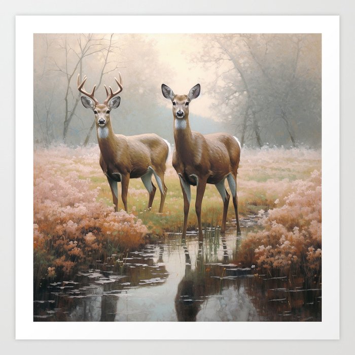 Two Deer by the River Art Print