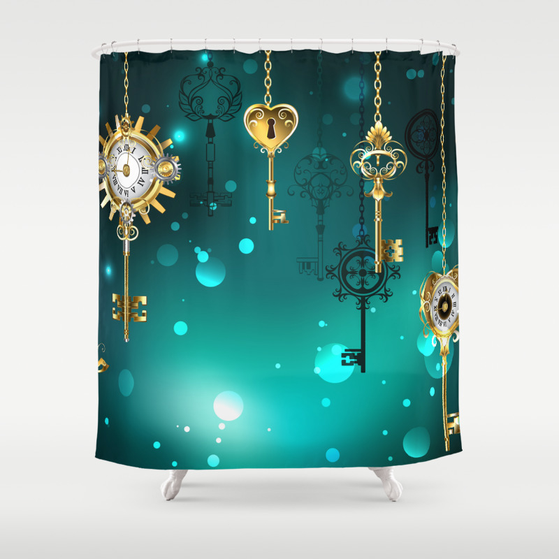 Antique Keys On Green Background Steampunk Shower Curtain By