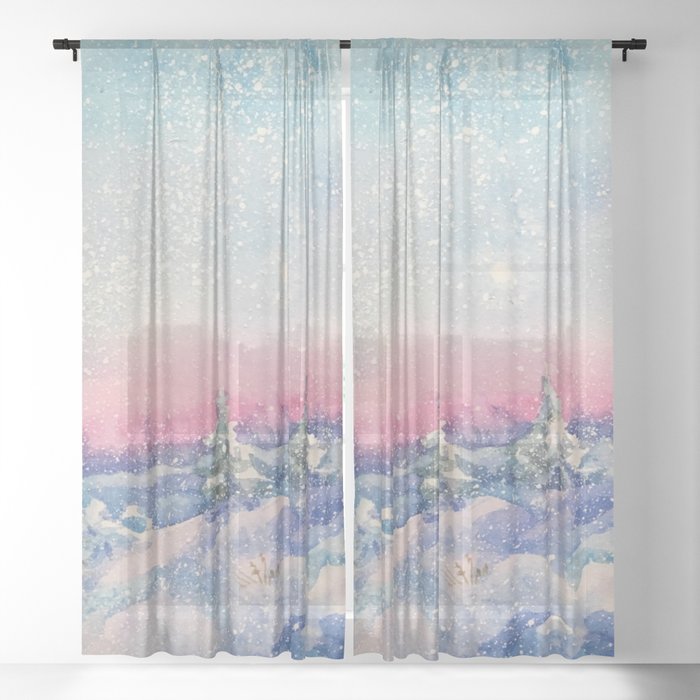 Snowy Sunset in the Winter Forest Sheer Curtain