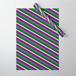 [ Thumbnail: Beige, Purple, Blue & Dark Green Colored Lines Pattern Wrapping Paper ]