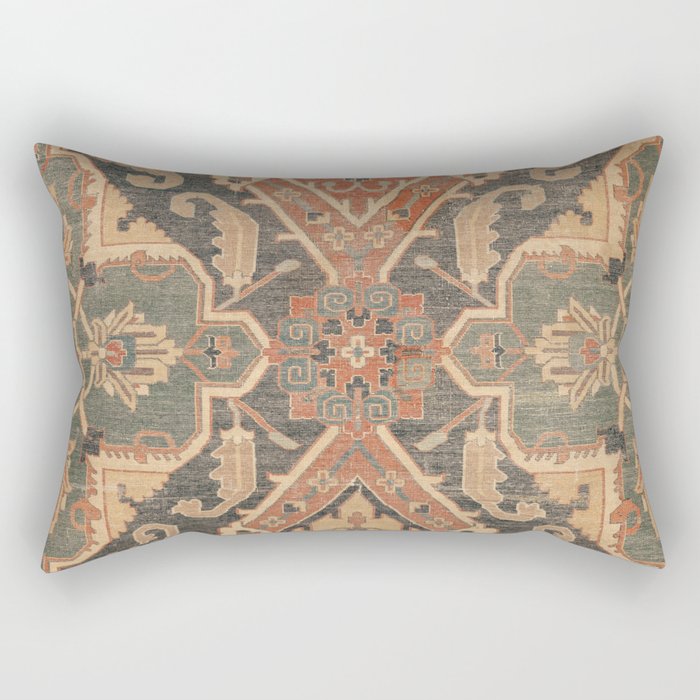 Geometric Leaves II // 18th Century Distressed Red Blue Green Colorful Ornate Accent Rug Pattern Rectangular Pillow