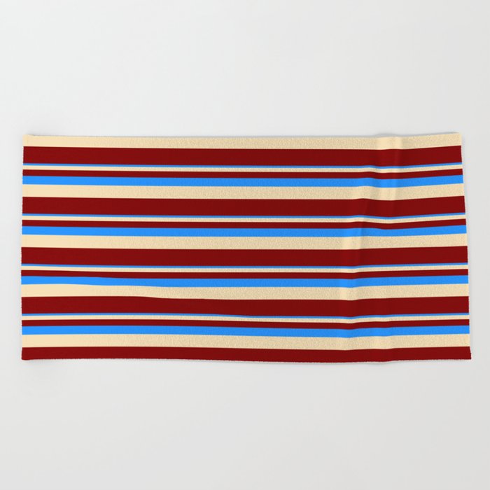 Blue, Tan, and Maroon Colored Lined Pattern Beach Towel
