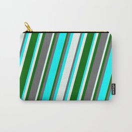 [ Thumbnail: Dim Grey, Cyan, Mint Cream & Dark Green Colored Stripes Pattern Carry-All Pouch ]