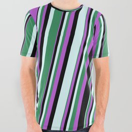 [ Thumbnail: Orchid, Black, Light Cyan, and Sea Green Colored Lined/Striped Pattern All Over Graphic Tee ]