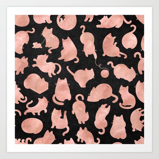 Rose Gold Pink Cats on Black Art Print