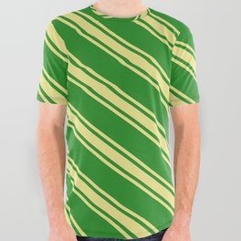[ Thumbnail: Forest Green & Tan Colored Lines Pattern All Over Graphic Tee ]
