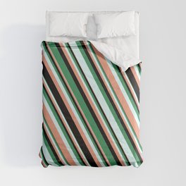 [ Thumbnail: Sea Green, Light Cyan, Dark Salmon, and Black Colored Striped/Lined Pattern Comforter ]
