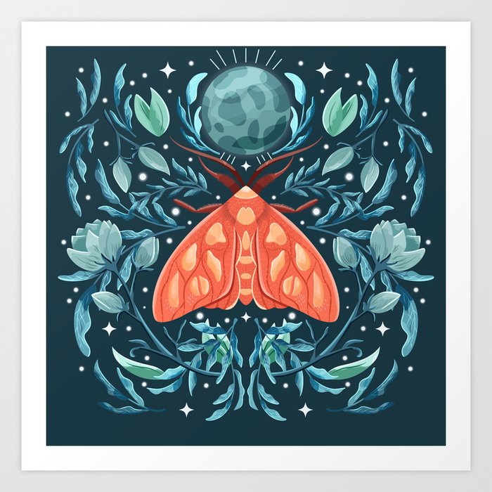 Night Moth Orange Blue Art Print